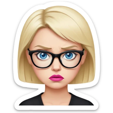Blonde woman with short hair, blue eyes and pink lips wearing black glasses looking angry sticker