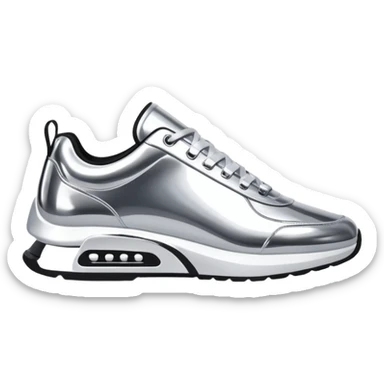 A pair of futuristic sneakers emoji made of silver chrome, sleek streetwear design, smooth metallic panels, subtle reflections, luxury swag aesthetic, iOS emoji style, centered, clean white background sticker