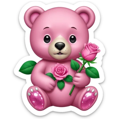 pink diamond bear holding a pink rose sticker