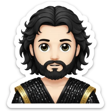 Hades from Greek Gods with long black wavy hair and short beard, black sequin toga sticker