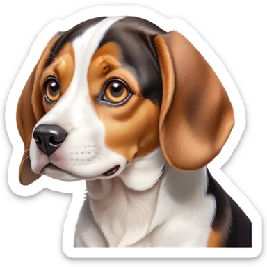Cinematic Cute Tri-Color Beagle Portrait Emoji, Head tilted playfully and inquisitively, featuring a soft tri-color coat of white, brown, and black with floppy ears, round, sparkling hazel eyes filled with curiosity, Simplified yet irresistibly adorable features, highly detailed, glowing with a warm, friendly glow, high shine, affectionate and lively, stylized with a touch of whimsy, bright and endearing, soft glowing outline, capturing the essence of a mischievous yet loving pup, so playful it feels like it could bound out of the screen and into your arms! sticker