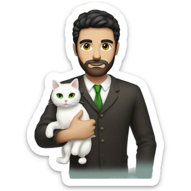 Men with short beard, sleek dark hair, Dark Brown Eyes, Holding white cat with Green eyes in arms sticker