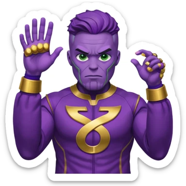 Minimal emoji style T.O.P as Thanos, purple skin, strong jaw, confident mischievous face, green Squid Game Player 230 tracksuit with number, Infinity Gauntlet on one hand, bold lines, bright, playful sticker