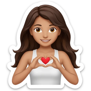 tan wavey dark long brown haired brown eyed girl making a heart with her hands wearing a white tank top with boobs and smiling pretty sticker