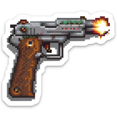 Pixel art pistol firing with muzzle flash sticker