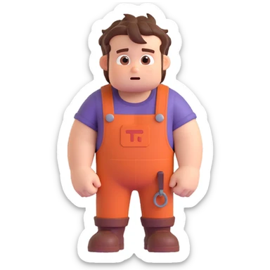 Wreck-It Ralph man with short messy hair, brown overalls, boxy figure with big arms sticker