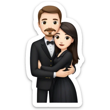tall white man with brown hair goatee mustache hugging a pale woman with long black hair, wearing black forma clothing sticker