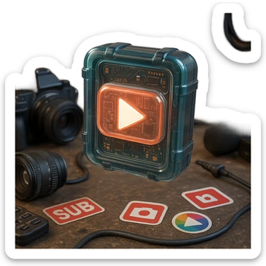 white YouTube play button inside a scratched black toolbox-like case, surrounded by video production gear, camera parts, stickers, cables, real-life artist studio, casual lighting, grounded and textured environment sticker