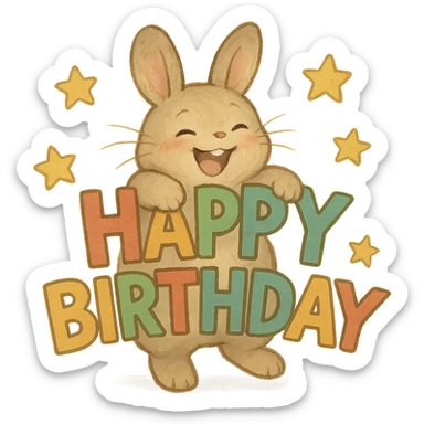 laughing bunny hugging "Happy Birthday" letters with stars, soft Ghibli style, transparent background sticker