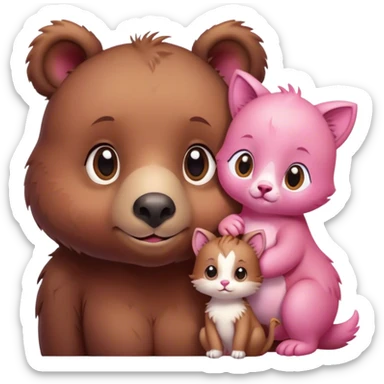 A cute realistic brown bear and a realistic cute pink dodo closely together. Between them there is a cute brown kitten sticker