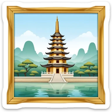 Cinematic Realistic Tran Quoc Pagoda Landmark Emoji, depicted with an ancient pagoda set on tranquil waters rendered with delicate textures and serene, reflective lighting. sticker