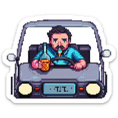 man drinking and driving with exaggerated features, cartoonish, pixel art style sticker
