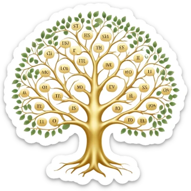 Tree of ancestral connections with ethereal, flowing branches linking generations, dreamy translucent family tree sticker