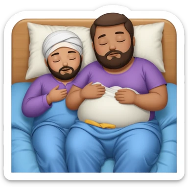 Obese brown man sleeping in bed with skinny hijabi sticker