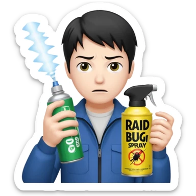 Gojo Satoru using a can of raid bug spray looking disgusted sticker