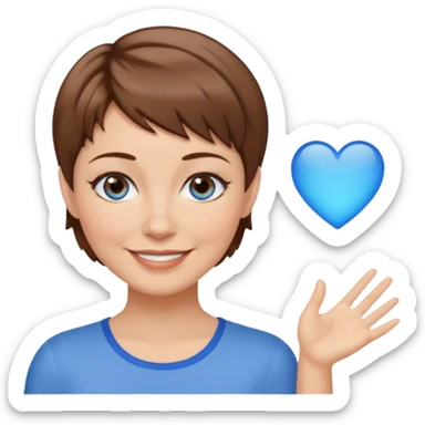 Frau helle Haut, braun mit dunkelblonden spitzen, kurzhaarfrisur Pixie schnitt, blaue Augen, mittleres alter sticker