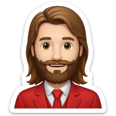 long haired bearded man with red suit sticker