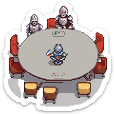 pixel art landscape of a round table with knights and robots, combining medieval and futuristic elements, vibrant colors, detailed scene sticker