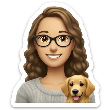 Smiling Caucasian brunette girl in sweater with glasses with smiling golden retriever sticker