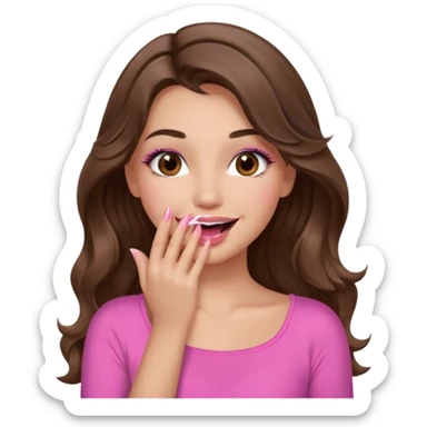 girl with long wavy brown hair, brown eyes, long lashes makeup, pink lips, light to medium complexion, pink sexy top, smiling, hand covering the mouth, giggling sticker