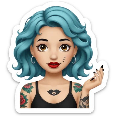 I want to create a female emoji with wavy hair and arm tattoo with her nose pierced and black lip stick sticker