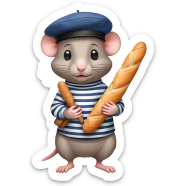 Rat wearing a beret and striped shirt holding a baguette with Eiffel Tower in background sticker