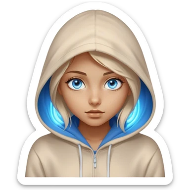 Cinematic girl with large sparkling blue eyes wearing a hoodie, Ultra realistic 32k HD, Breathtaking, hauntingly beautiful, Balanced features, highly detailed, glowing, high shine, enchanting, ghostly, dreamy glow, complex pose. The image is so lifelike it could leap off the canvas at any moment sticker