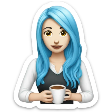 white skin girl with blue long hair drinking coffee sticker
