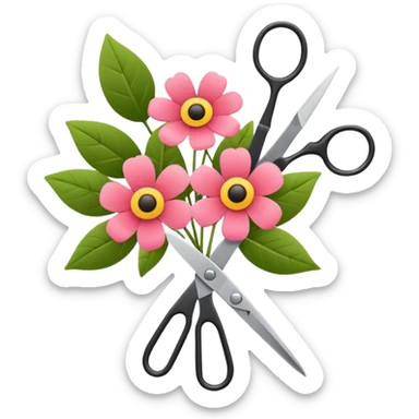 Minimalistic flat vector icon, iOS style, thin black contour on white background. Flower bouquet with leaves and scissors. No text, no shadows. sticker