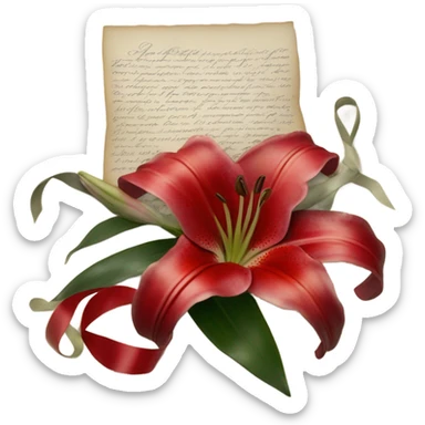 A soft-focus still life with red lilies, a string of pearls, and an old love letter tied with a satin ribbon sticker