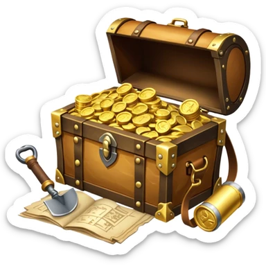 An icon showcasing a treasure chest filled with gold, a treasure map rolled up beside it, a backpack and shovel ready for the next adventure. The design captures the essence of treasure hunting, exploration, and excitement, set on a transparent background to emphasize the thrill of discovery. sticker
