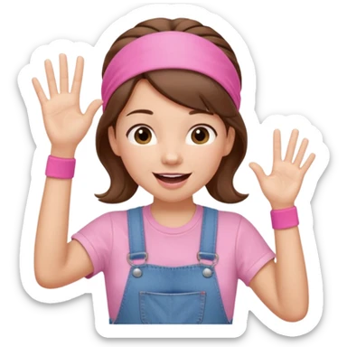 preschool teacher with brown hair pulled up in high ponytail and light pink headband. Has a pink t-shirt with denim overalls. Expression is happy and friendly with mouth wide open. Has one hand up waving hello. sticker
