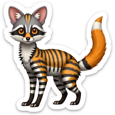 Feral Rare Fantasy shaded detailed colorful Genet-Vernid-Sergal-Fox-Trico-Civet-Cacomistle-Margay-species by LiLaiRa, with white stripes with dark-blackish points, white belly, random markings, tufted tail, tufted ears, full body sticker