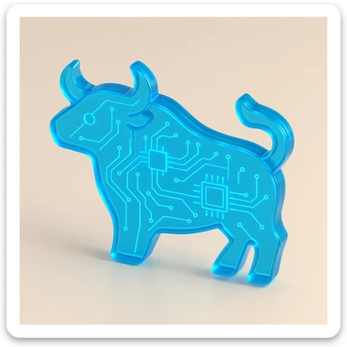 minimalist bull icon, electric blue, integrated circuit lines, glossy circuit style sticker