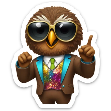 A brown owl with a black Afro and disco sun glasses and a colorful disco suit doing a pose with one finger in the air sticker