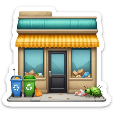 emoji-style icon of a storefront with garbage, bugs, and stink lines outside, looks neglected and dirty, clear at small size, no text sticker