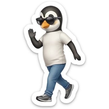 friendly anthropomorphised penguin in jeans and a t-shirt, wearing dark sunglasses, jogging upright, relaxed pose sticker