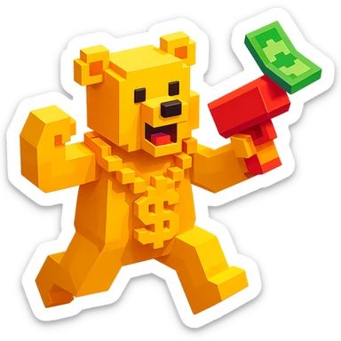 Russian grizzly bear with a rapper chain and money gun, in a dynamic pose sticker