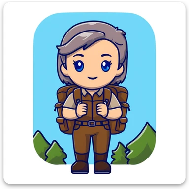 white woman park ranger with blue eyes, brown and gray hair, wearing a backpack, standing in a nature background sticker