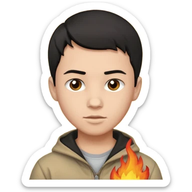 An Emoji of boy with short black hair, who can be described by three words: risk-taker, fire, realist sticker