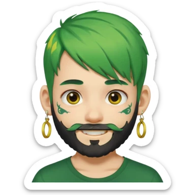 boy with bangs and green hair and yellow small hairtie on side and earrings and very heavy face tattoos and beard sticker