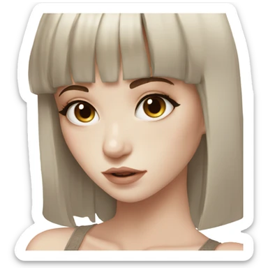 beautiful model, pale skin, deep brown eyes, double eyelids, straight long brown hair, bangs, white laced top sticker