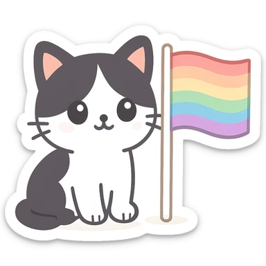 black and white cat sitting next to a waving LGBT flag, cute style sticker