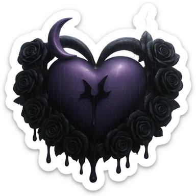 Add much more rain and thick mist to the scene, keeping the prominent black roses, gothic heart, purple glass, crescent moon with dripping effect, faint lightning, cracked glass with misty glow. The style should resemble 3D emoji style. Remove the background. sticker