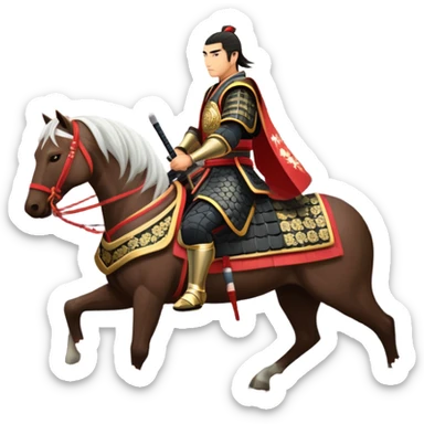 An icon representing an adventure game, inspired by feudal Japan. The design features a disciplined samurai riding a noble warhorse, its armor adorned with intricate patterns. A backdrop of cherry blossoms and a setting sun over a distant pagoda conveys a sense of honor, tradition, and battle-readiness. Transparent background. sticker