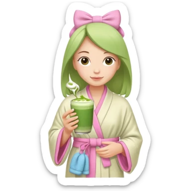 Girl with towel and a pink bow on the towel and the girl holding a matcha latte and wearing a robe sticker