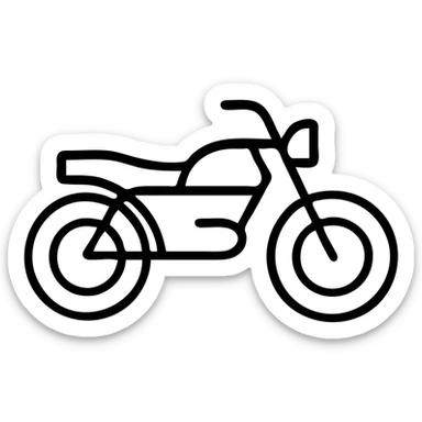 Motorcycle outline, side view with visible wheels, handlebars, and seat sticker