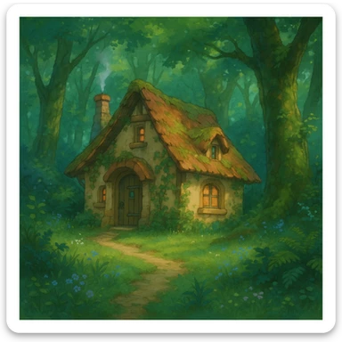 small cottage in a magical forest, ghibli style sticker