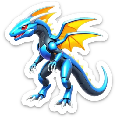 Shiny futuristic colorful Heliolisk-Salandit-Cyclizar-Genesect-Pokémon, full body sticker