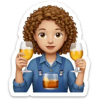 Curly haired curl with brown hair and light skin in overalls toasting with alcohol sticker